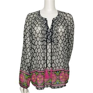 Daniel Rainn Chiffon Sheer Peasant Top With Tassels Women's Size Small‎